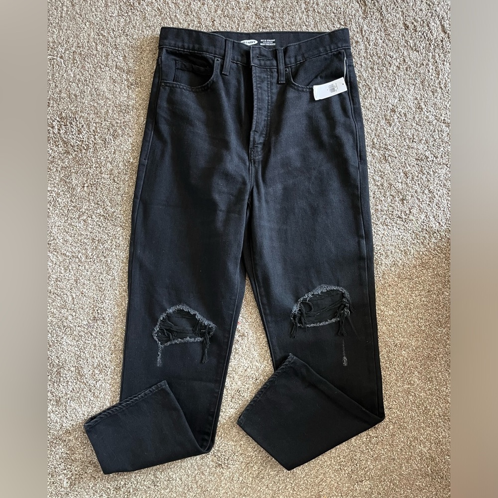 Old Navy. High-rise straight, distressed jeans.